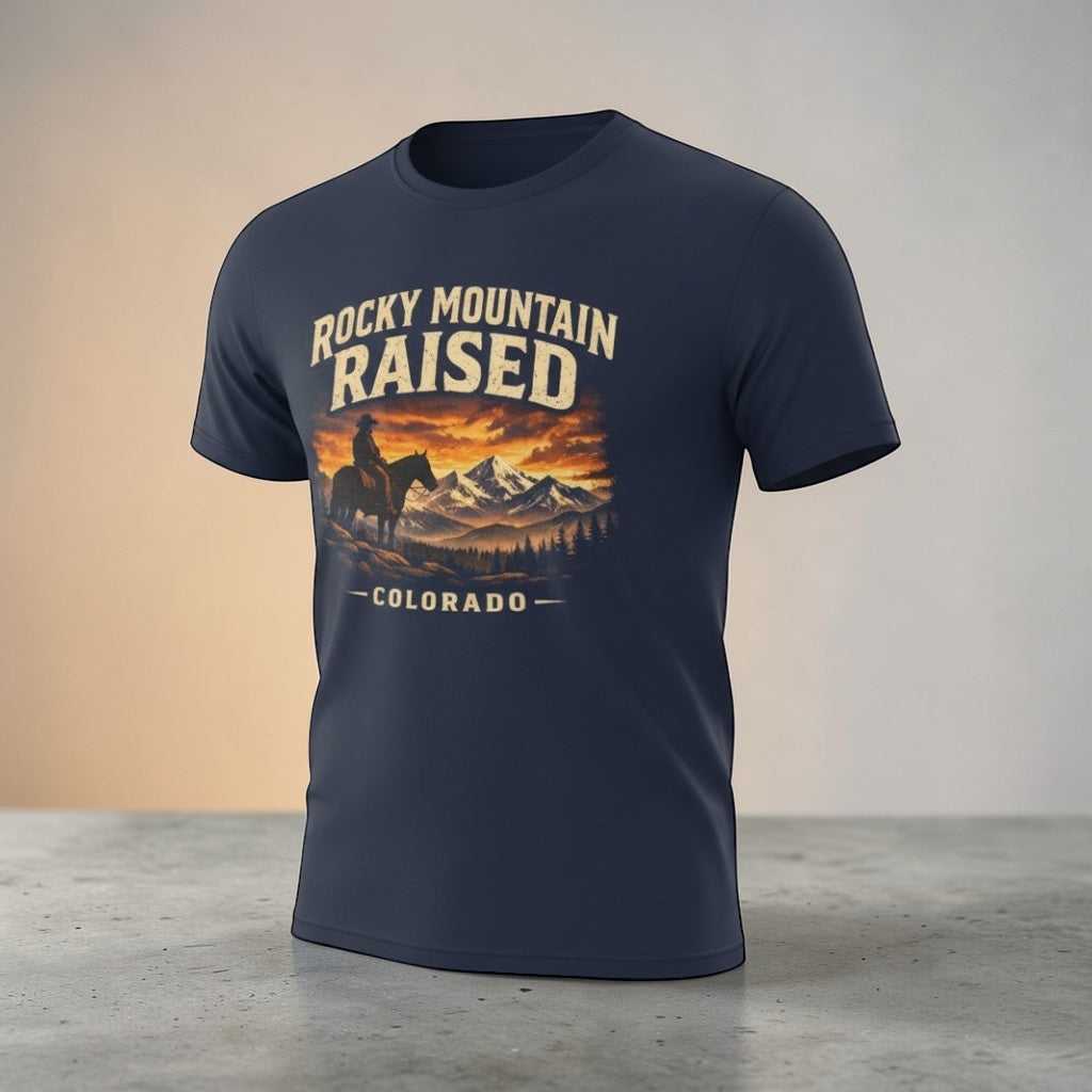 Big Sky Ranch Co. Rocky Mountain Raised Colorado Western cowboy sunset T-shirt showing a scenic mountain and sunset graphic.