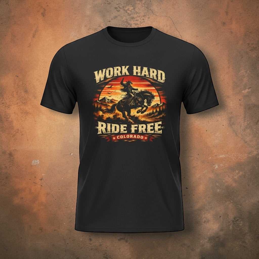 Colorado Cowboy motorcycle T-shirt featuring a retro sunset design, from Big Sky Ranch Co. with "Work Hard Ride Free" graphic.