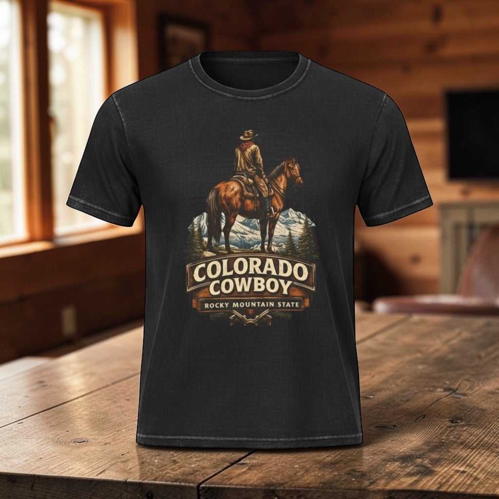 Colorado Cowboy T-Shirt by Big Sky Ranch Co., vintage western style with cowboy graphic and Rocky Mountain design.