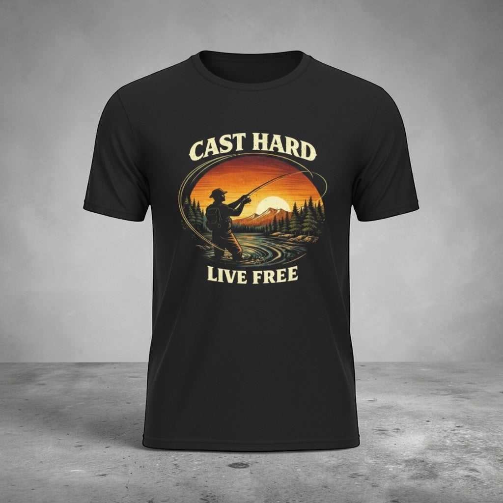 Fishing T-shirt by Big Sky Ranch Co. featuring a vintage sunset angler design and the phrase "Cast Hard Live Free."