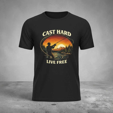 Fishing T-shirt featuring the slogan “Cast Hard Live Free” in a vintage distressed style with classic angling elements like a rod, reel, and water backdrop