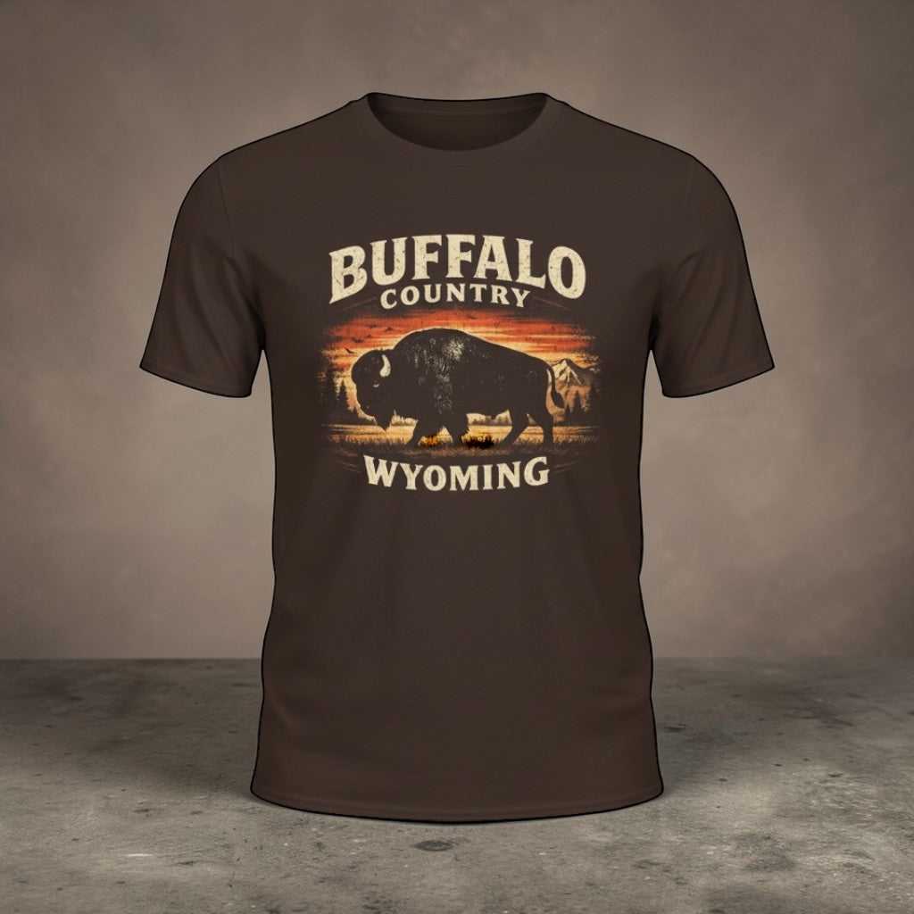 Buffalo Country Wyoming T-Shirt by Big Sky Ranch Co., soft cotton shirt featuring a buffalo graphic and Wyoming-inspired design.