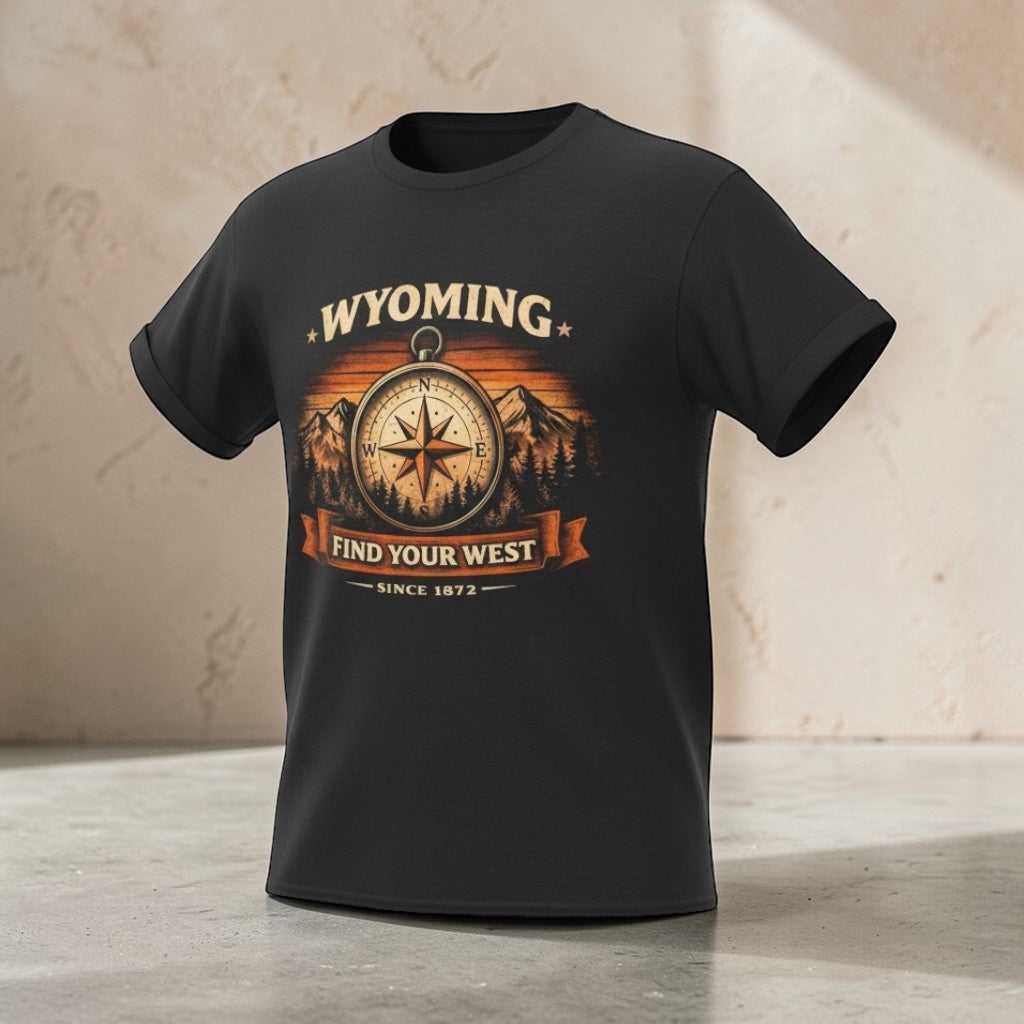 Vintage Wyoming Compass T-Shirt by Big Sky Ranch Co. featuring a compass design and "Find Your West" slogan.