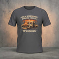 Big Sky Ranch Co. Wyoming Campfire T-Shirt with "Cold Mornings, Strong Coffee" outdoor graphic design, casual men's tee.
