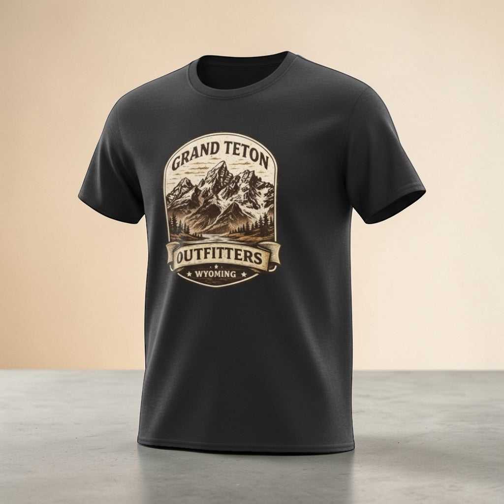 Big Sky Ranch Co. Grand Teton Outfitters Wyoming Mountain Adventure T-Shirt, soft cotton tee with mountain graphic design.