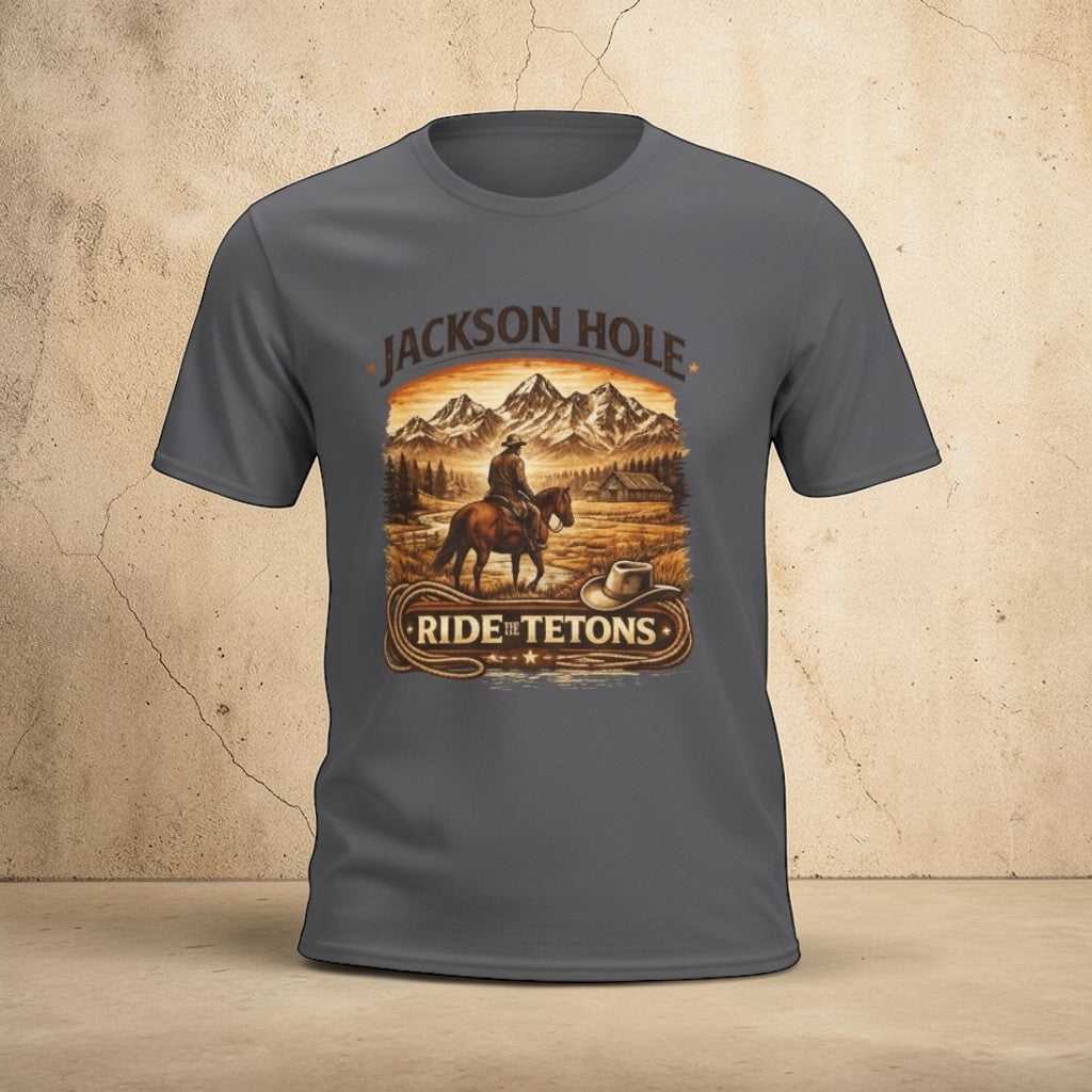 Big Sky Ranch Co. Jackson Hole Ride Tetons T-Shirt featuring mountain and rodeo-themed graphic on soft cotton fabric.
