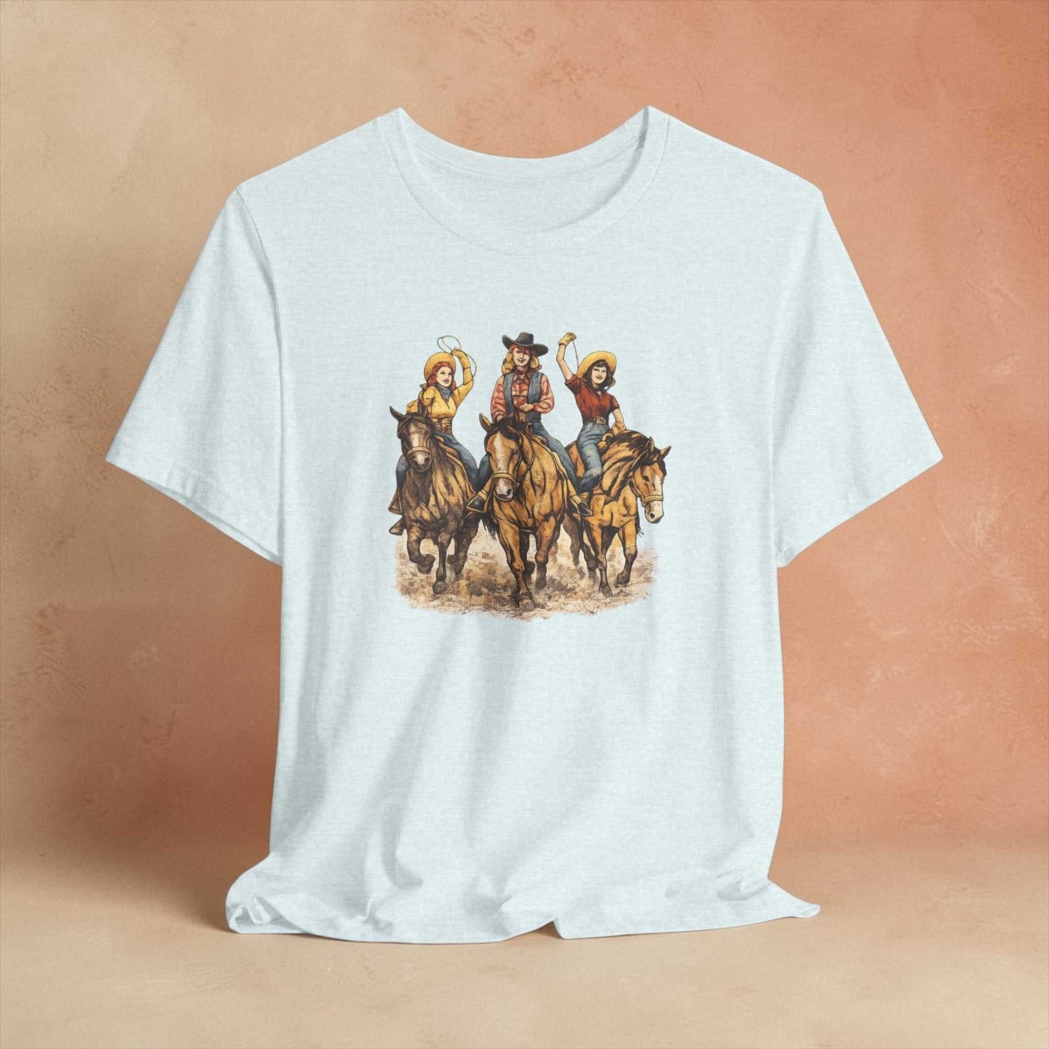 Big Sky Ranch Co. Cowgirl Trio Riding Horses Western Rodeo Graphic T-Shirt showing a colorful rodeo scene on soft fabric