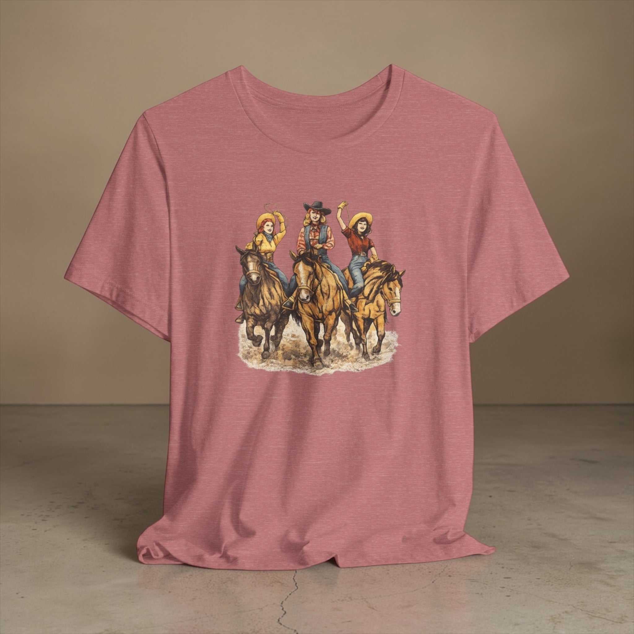 Cowgirl Trio riding horses Western Rodeo graphic T-shirt by Big Sky Ranch Co. featuring colorful cowboy-themed design.