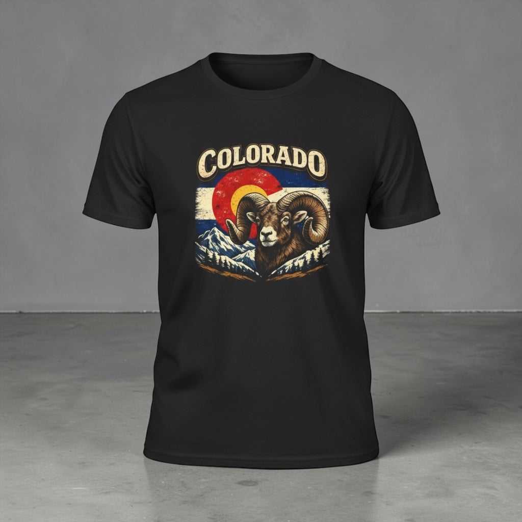 Colorado Bighorn Ram T-Shirt by Big Sky Ranch Co. featuring a retro mountain sunset design and a graphic of a bighorn ram.