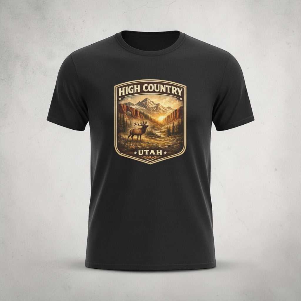 Vintage mountain elk graphic T-shirt from Big Sky Ranch Co., high country Utah design, casual outdoor-inspired apparel.