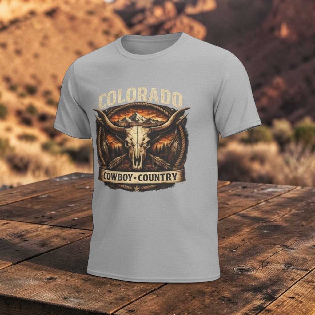 Vintage Colorado Cowboy Country T-Shirt by Big Sky Ranch Co. featuring a Longhorn western design on soft cotton fabric.