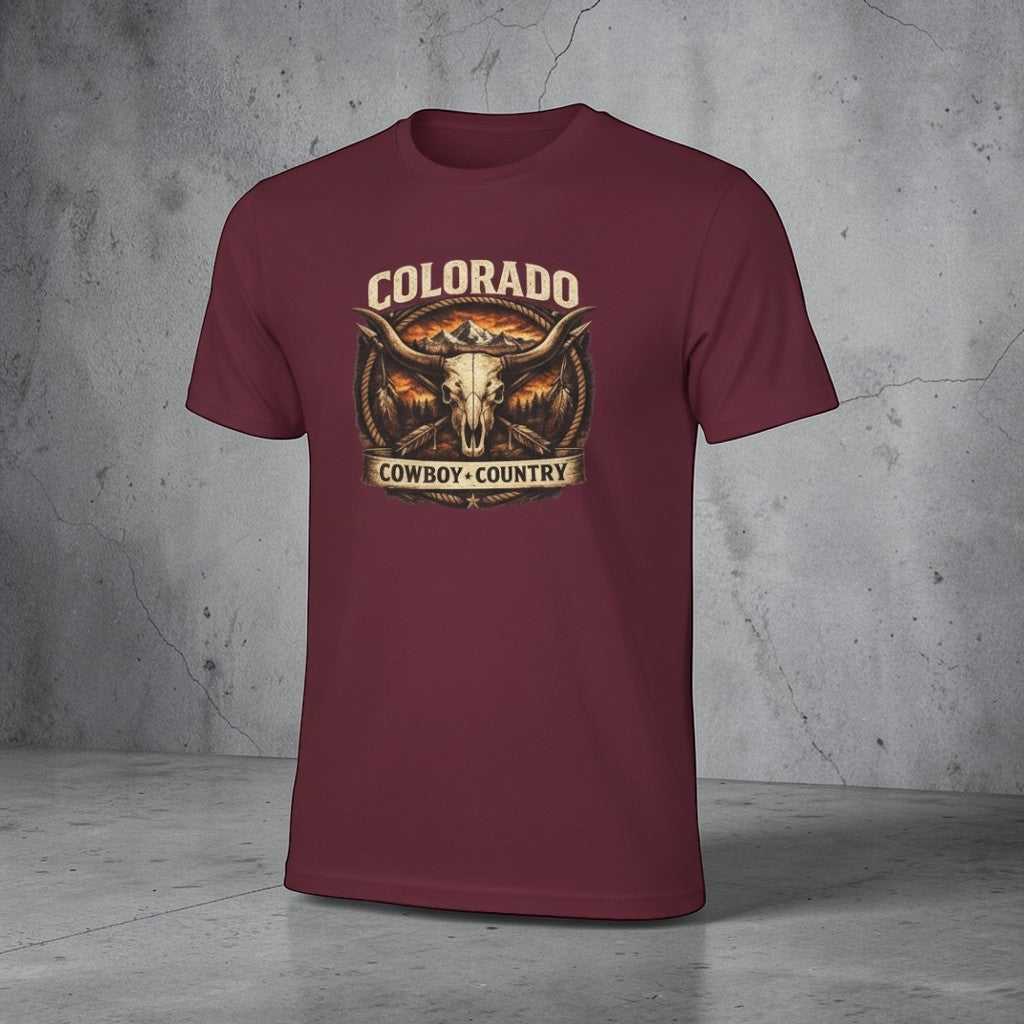 Vintage Colorado Cowboy Country T-Shirt by Big Sky Ranch Co. featuring a longhorn Western design on soft cotton fabric.