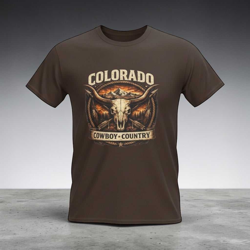 Vintage Colorado Cowboy Country T-Shirt by Big Sky Ranch Co., featuring a longhorn Western design and rustic style.