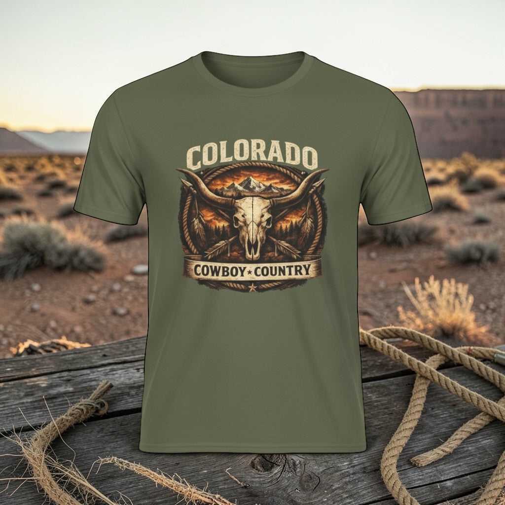 Vintage Colorado Cowboy Country T-Shirt featuring a longhorn western design by Big Sky Ranch Co.