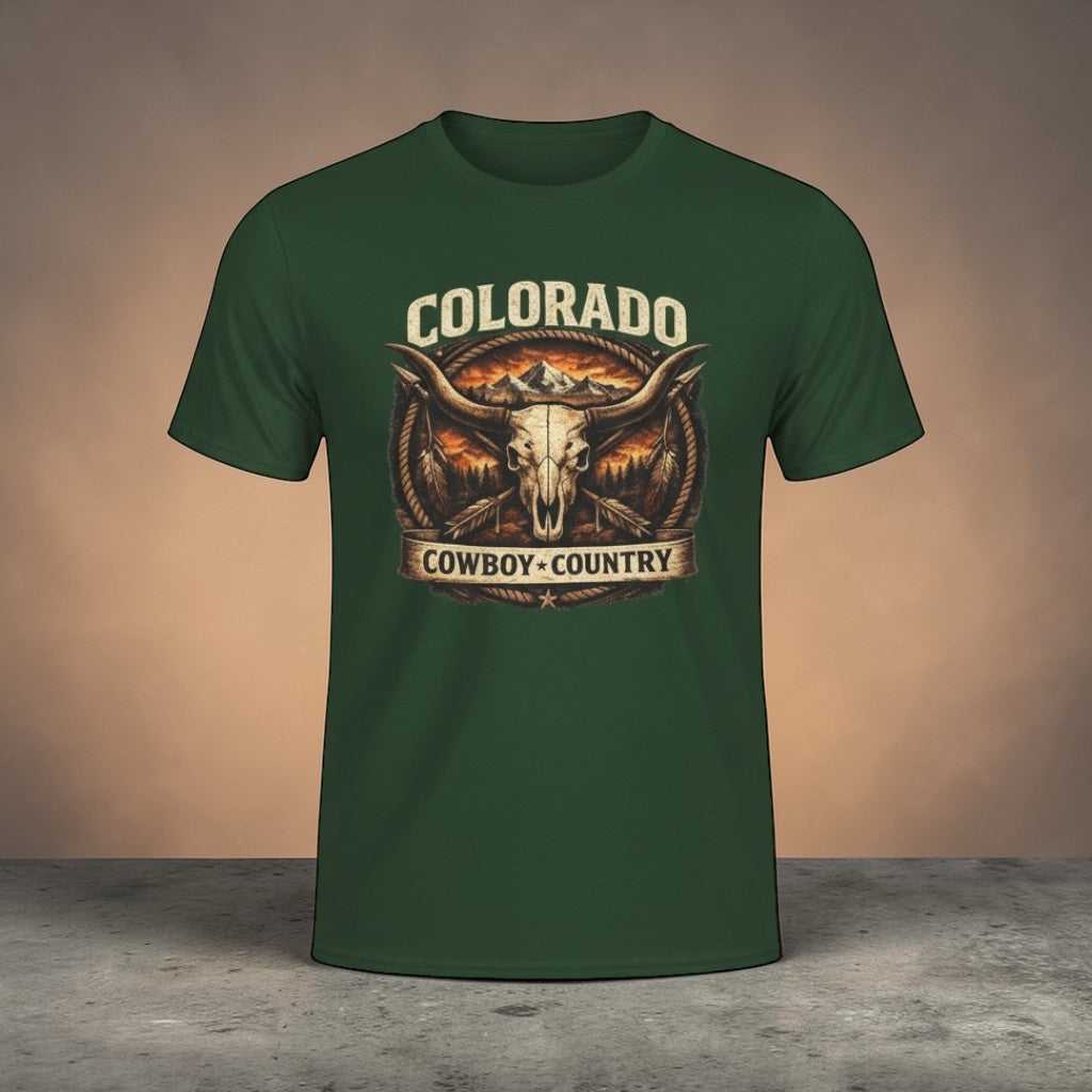 Vintage Colorado Cowboy Country T-Shirt by Big Sky Ranch Co. featuring a longhorn western design on soft fabric.
