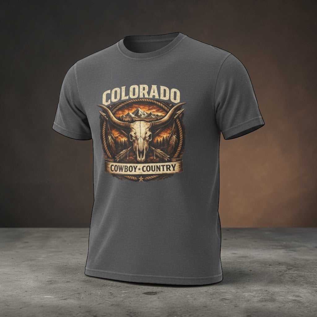 Vintage Colorado Cowboy Country T-Shirt by Big Sky Ranch Co. featuring a longhorn design on a western-themed tee.