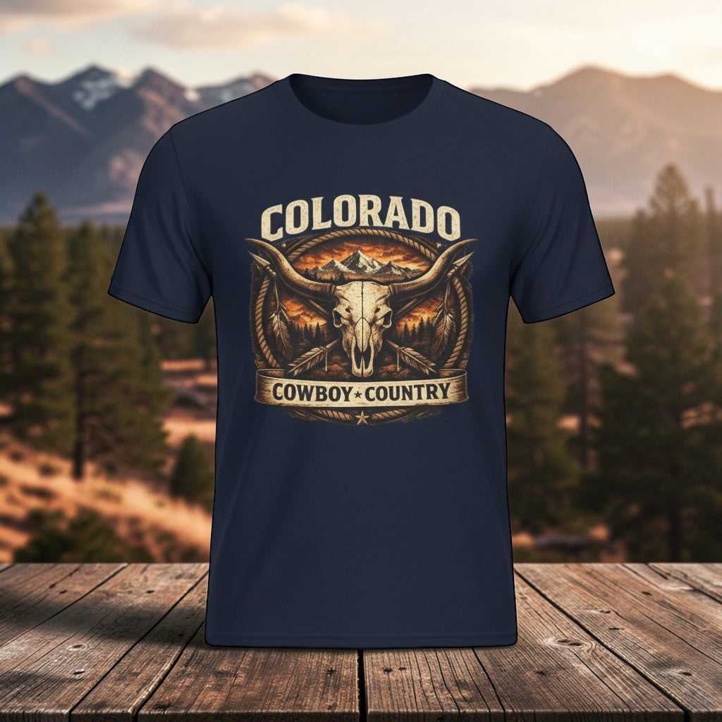 Vintage Colorado Cowboy Country T-Shirt by Big Sky Ranch Co. featuring a longhorn western design on soft fabric.