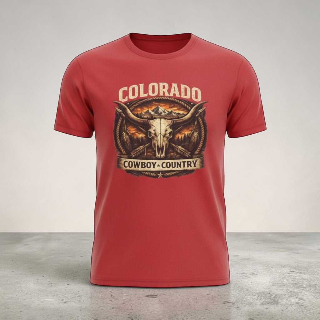 Vintage Colorado Cowboy Country T-Shirt featuring a longhorn design from Big Sky Ranch Co., casual Western style tee.