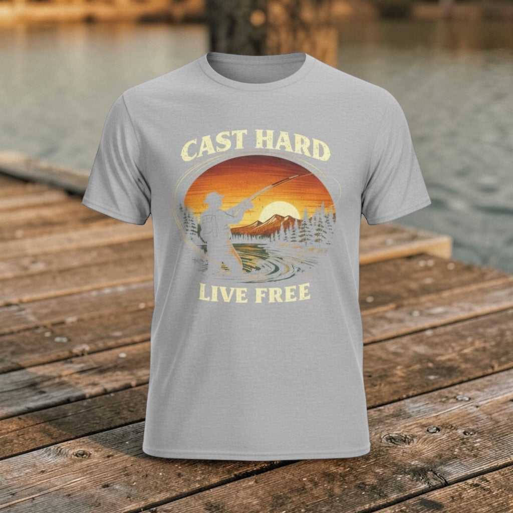 Vintage sunset fishing T-shirt by Big Sky Ranch Co. featuring "Cast Hard Live Free" slogan and angler graphic.