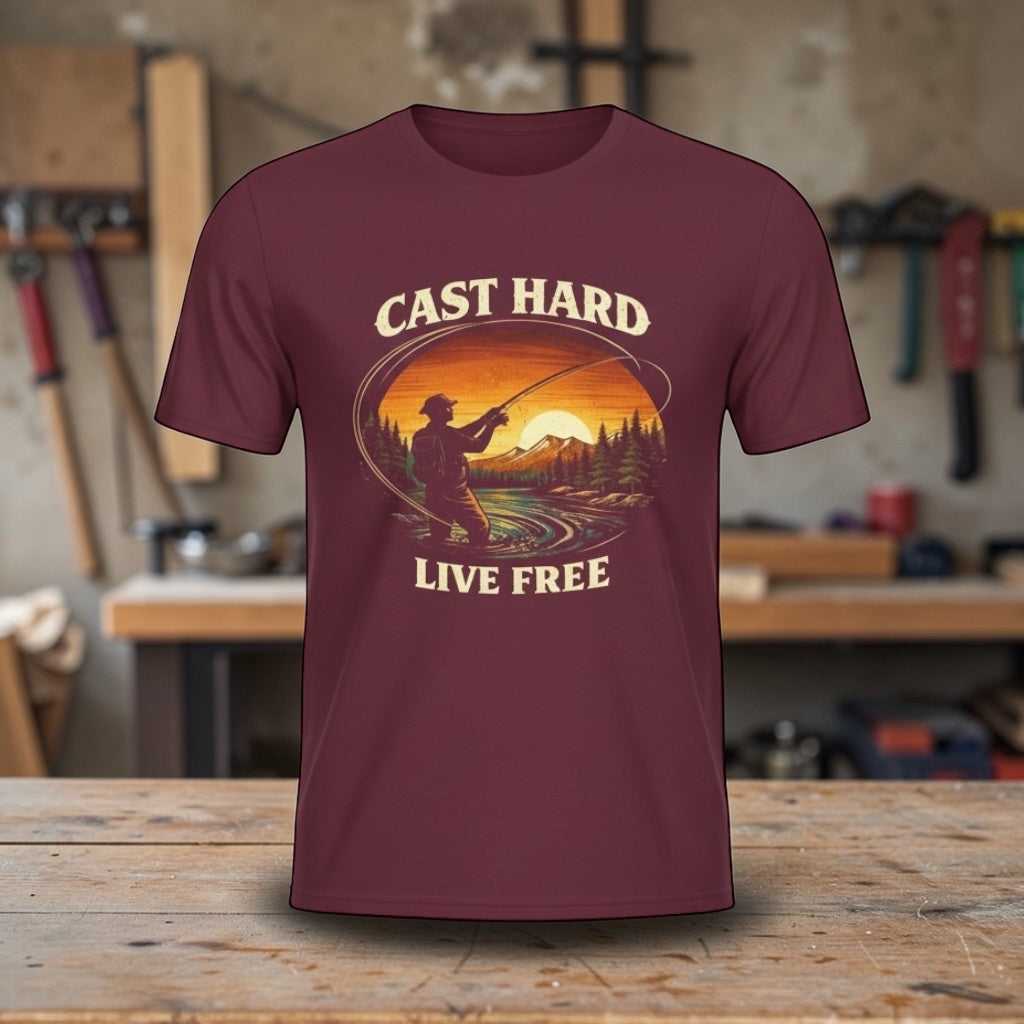 Big Sky Ranch Co. fishing T-shirt with "Cast Hard Live Free" vintage sunset angler design, featuring a fisherman silhouette and sunset backdrop.