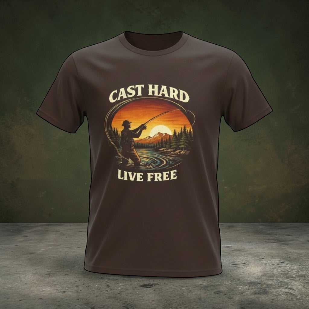 Vintage sunset fishing T-shirt by Big Sky Ranch Co. with "Cast Hard Live Free" slogan, featuring an angler silhouette design.