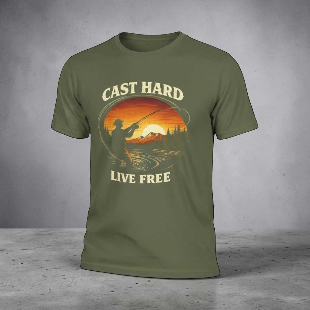 Vintage sunset fishing T-shirt by Big Sky Ranch Co. featuring "Cast Hard Live Free" slogan and angler graphic.