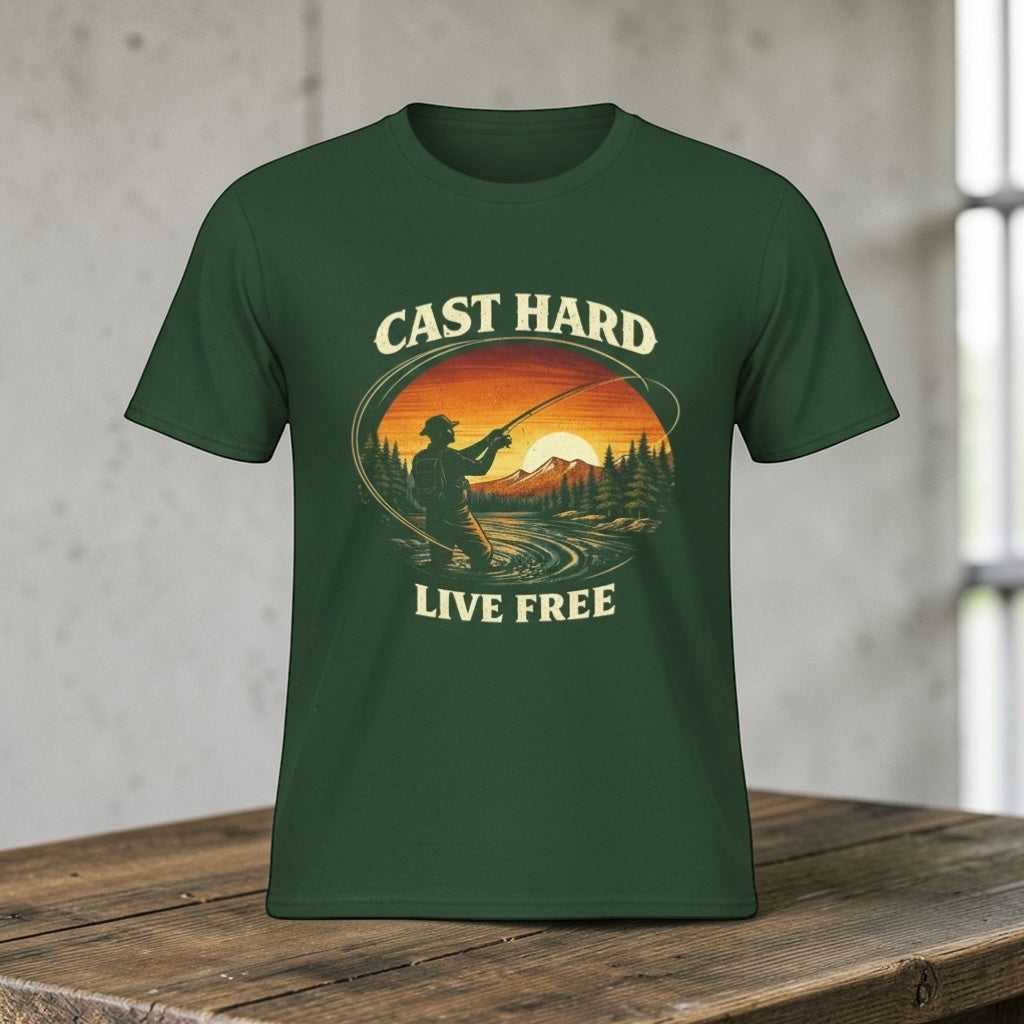 Vintage sunset fishing T-shirt by Big Sky Ranch Co. featuring "Cast Hard Live Free" slogan and angler graphic.
