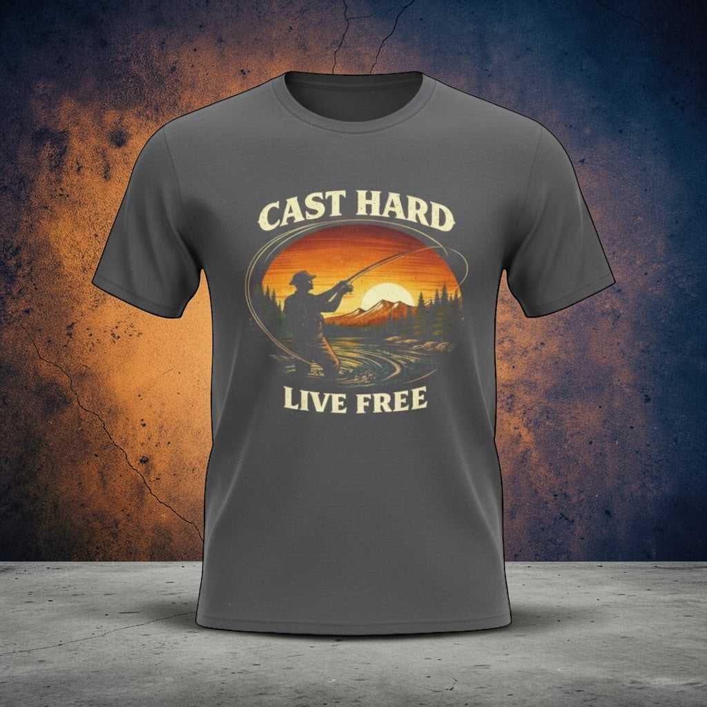 Vintage-style fishing T-shirt by Big Sky Ranch Co. with "Cast Hard Live Free" sunset angler graphic on soft cotton fabric.