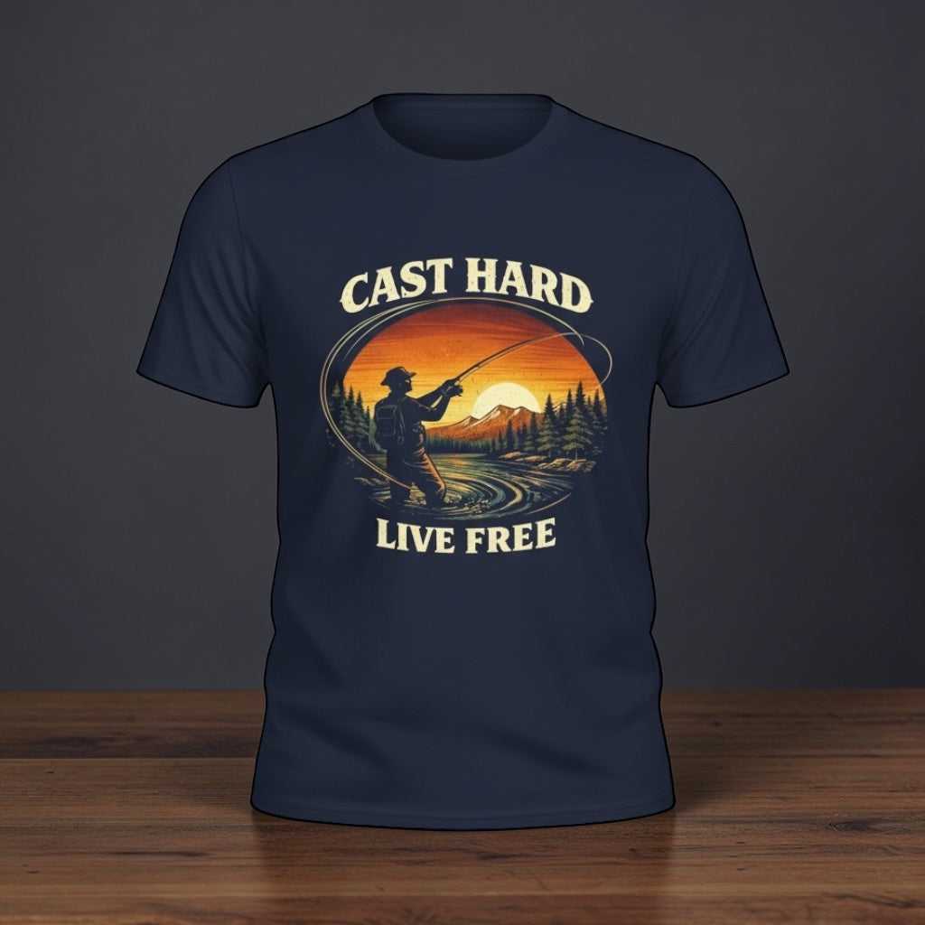 Vintage sunset fishing T-shirt by Big Sky Ranch Co. featuring "Cast Hard Live Free" slogan and angler design.