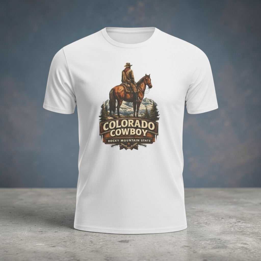 Colorado cowboy T-shirt by Big Sky Ranch Co. featuring vintage western design and Rocky Mountain imagery.