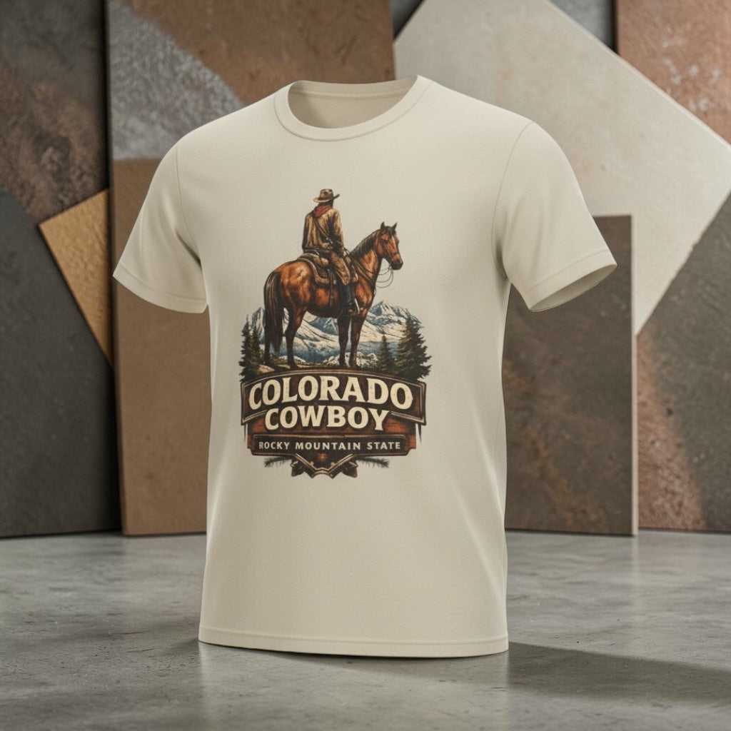 Colorado Cowboy T-Shirt by Big Sky Ranch Co., vintage western tee with cowboy and mountain design, perfect for western style enthusiasts.