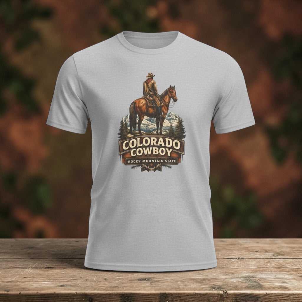 Colorado cowboy T-shirt by Big Sky Ranch Co. featuring vintage Western design and Rocky Mountain imagery.