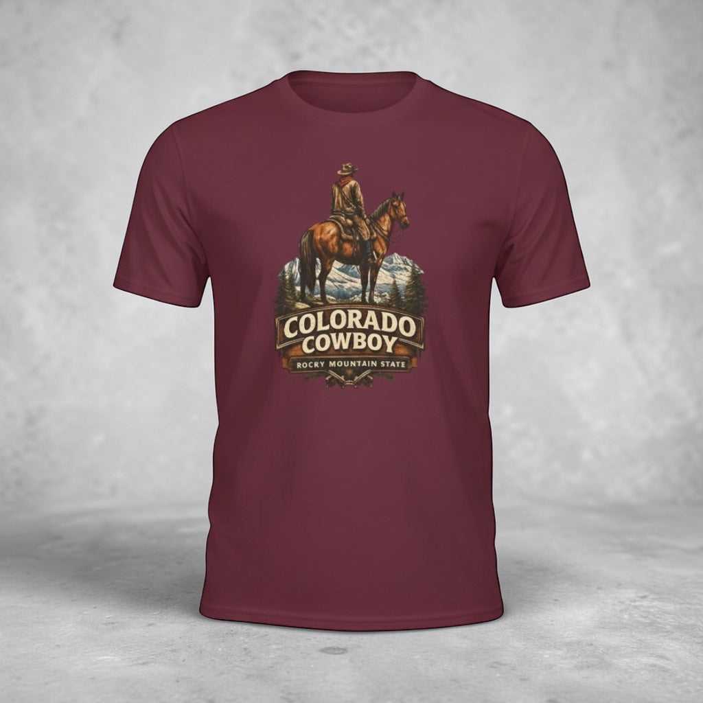 Colorado Cowboy T-shirt by Big Sky Ranch Co. featuring vintage Western design with Rocky Mountain imagery on a casual tee.
