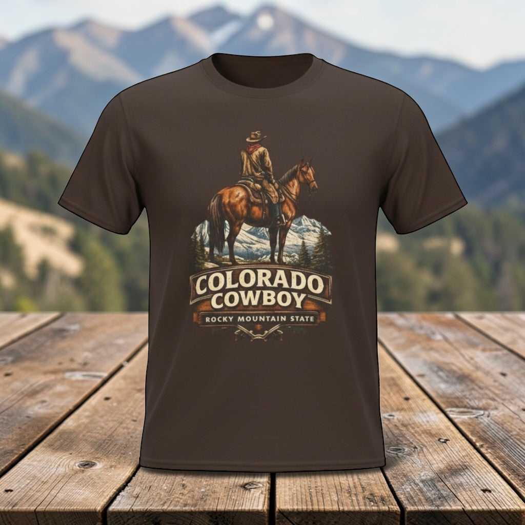 Colorado cowboy T-shirt by Big Sky Ranch Co., featuring vintage western design with Rocky Mountain imagery.
