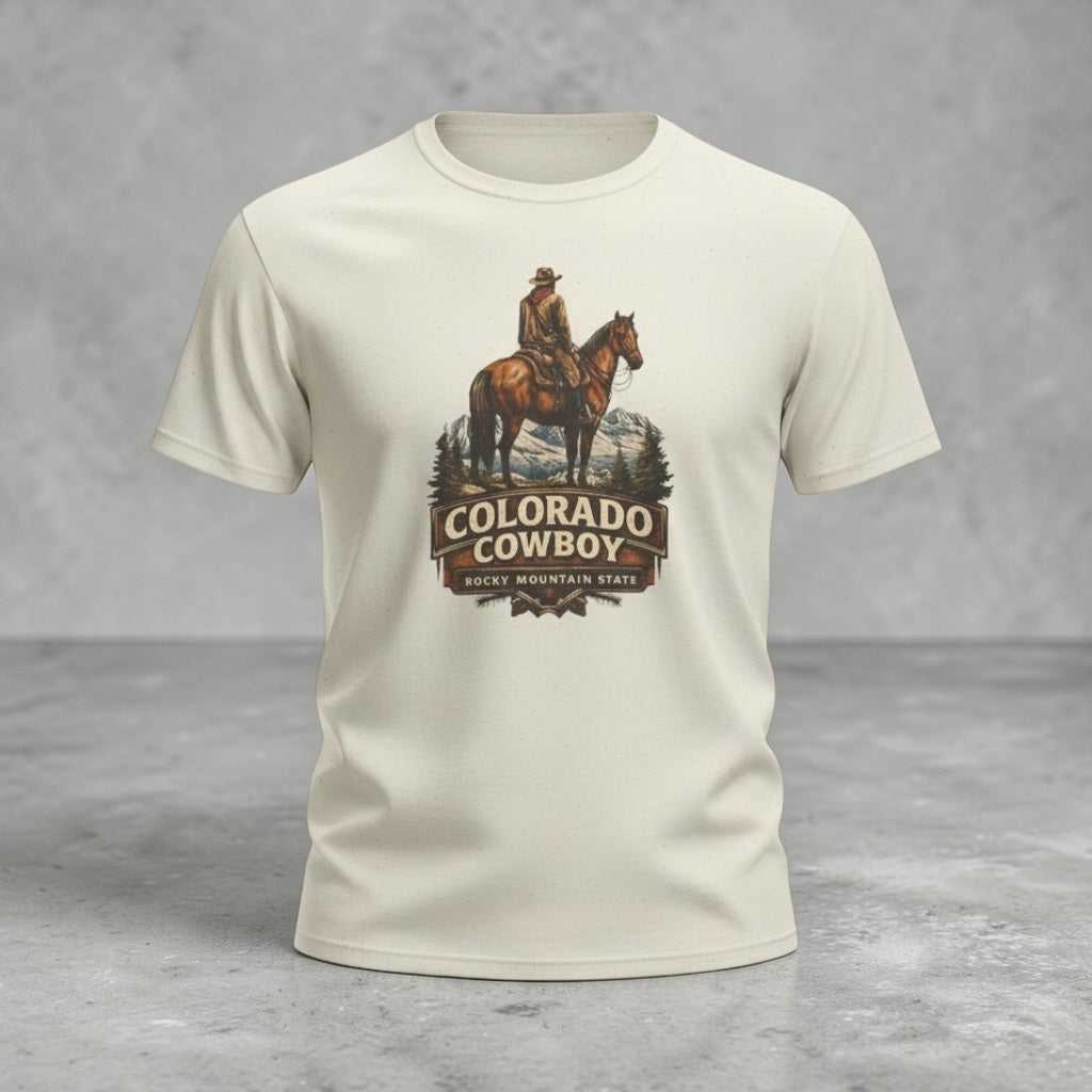 Colorado cowboy T-shirt by Big Sky Ranch Co., vintage western Rocky Mountain design on soft cotton tee.