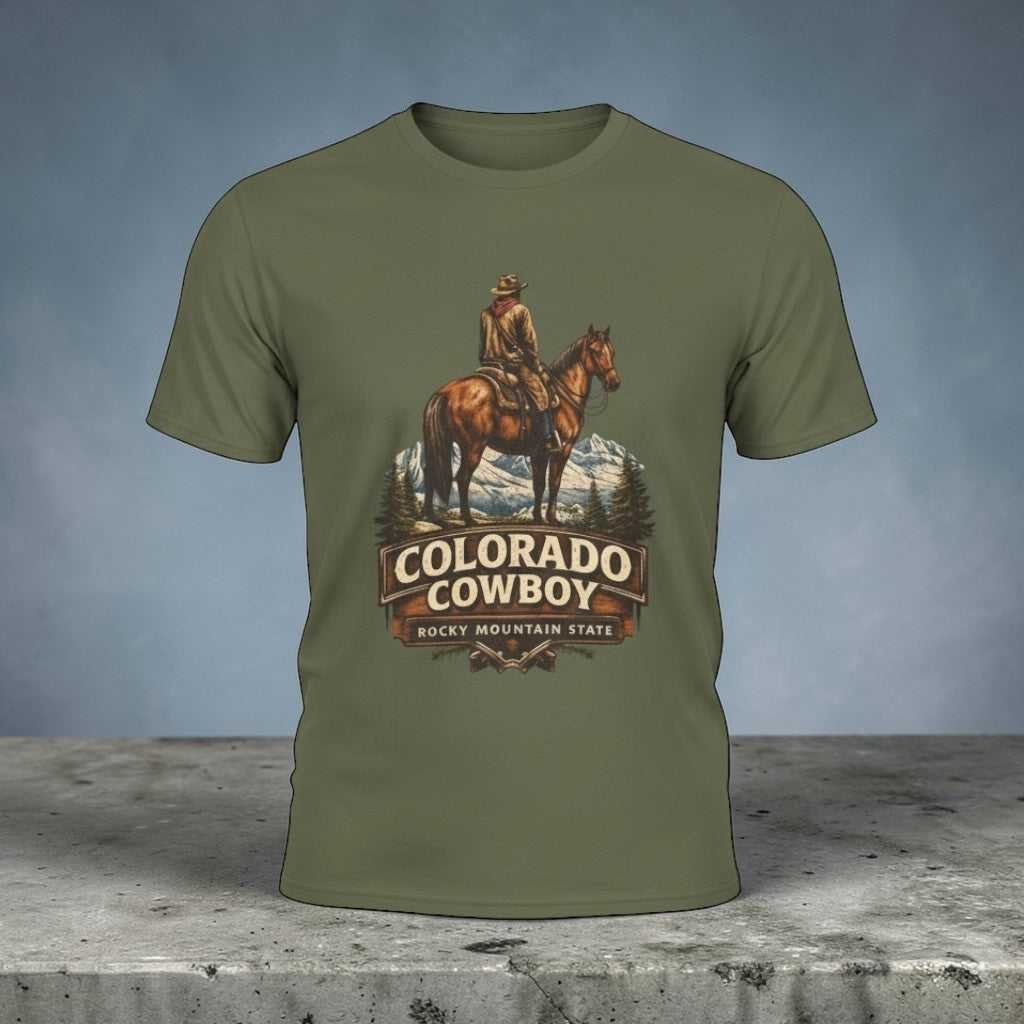 Colorado Cowboy T-Shirt by Big Sky Ranch Co., vintage Western tee featuring Rocky Mountain design and cowboy imagery.