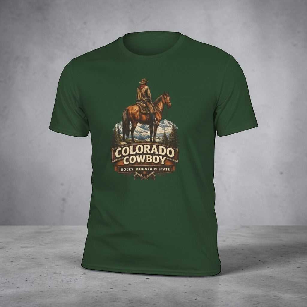 Colorado Cowboy T-shirt by Big Sky Ranch Co., vintage western style with mountain and cowboy graphics on soft fabric.