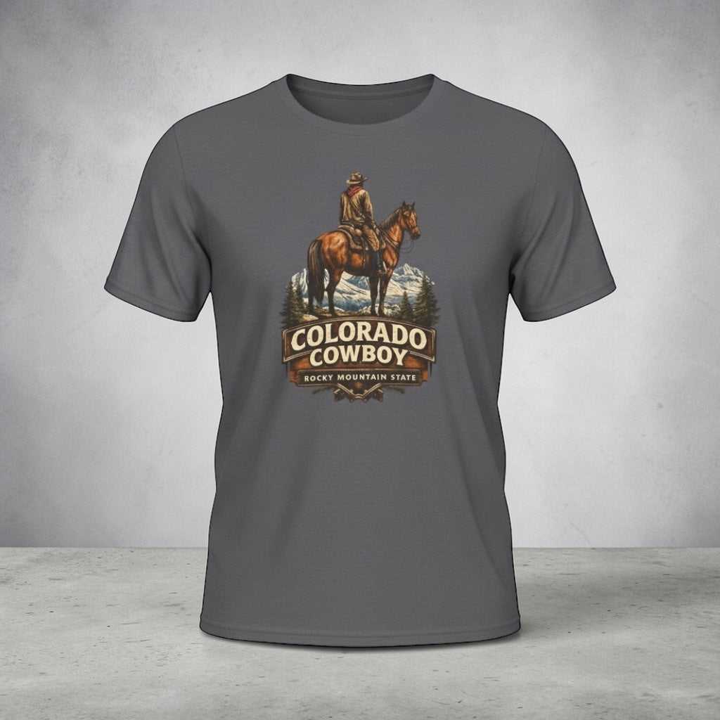 Colorado Cowboy T-Shirt by Big Sky Ranch Co. featuring vintage western design with mountain and cowboy graphics.