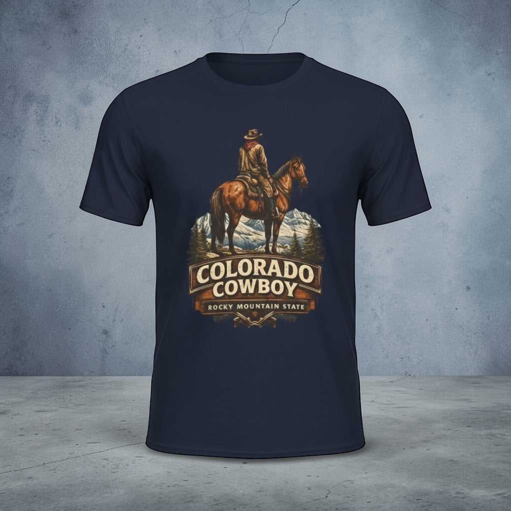 Colorado Cowboy T-Shirt by Big Sky Ranch Co. featuring vintage western design with Rocky Mountain imagery.