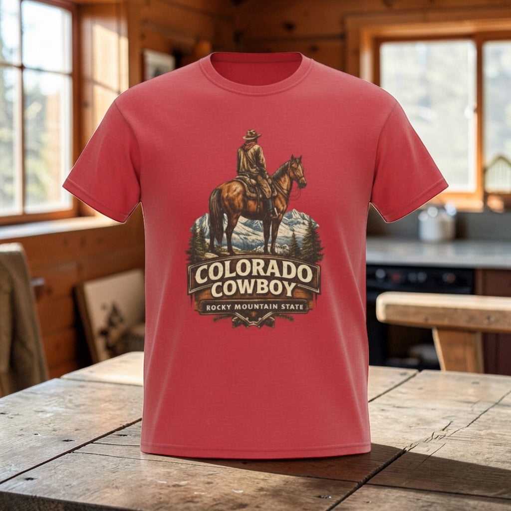 Colorado cowboy T-shirt by Big Sky Ranch Co., featuring vintage western design with Rocky Mountains scenery.