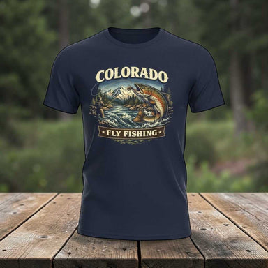 Colorado fly fishing T-shirt featuring a vintage mountain landscape with a flowing river, trout graphic, and retro distressed outdoor design