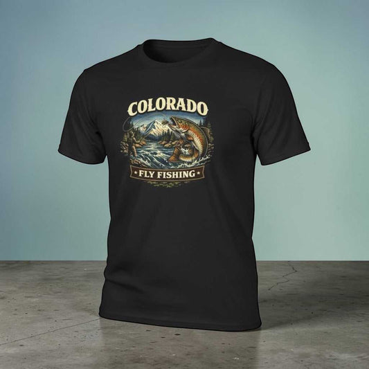 Vintage Colorado fly fishing T-shirt featuring mountain and trout design by Big Sky Ranch Co.