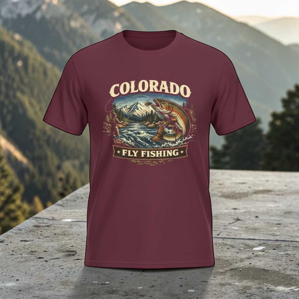 Vintage Colorado Fly Fishing T-Shirt featuring mountain and trout design by Big Sky Ranch Co.