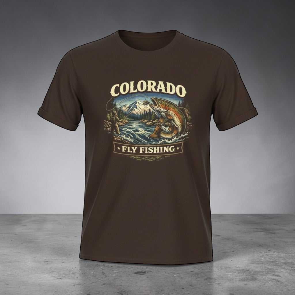 Vintage Colorado Fly Fishing T-Shirt featuring a mountain trout design by Big Sky Ranch Co., ideal for outdoor enthusiasts.