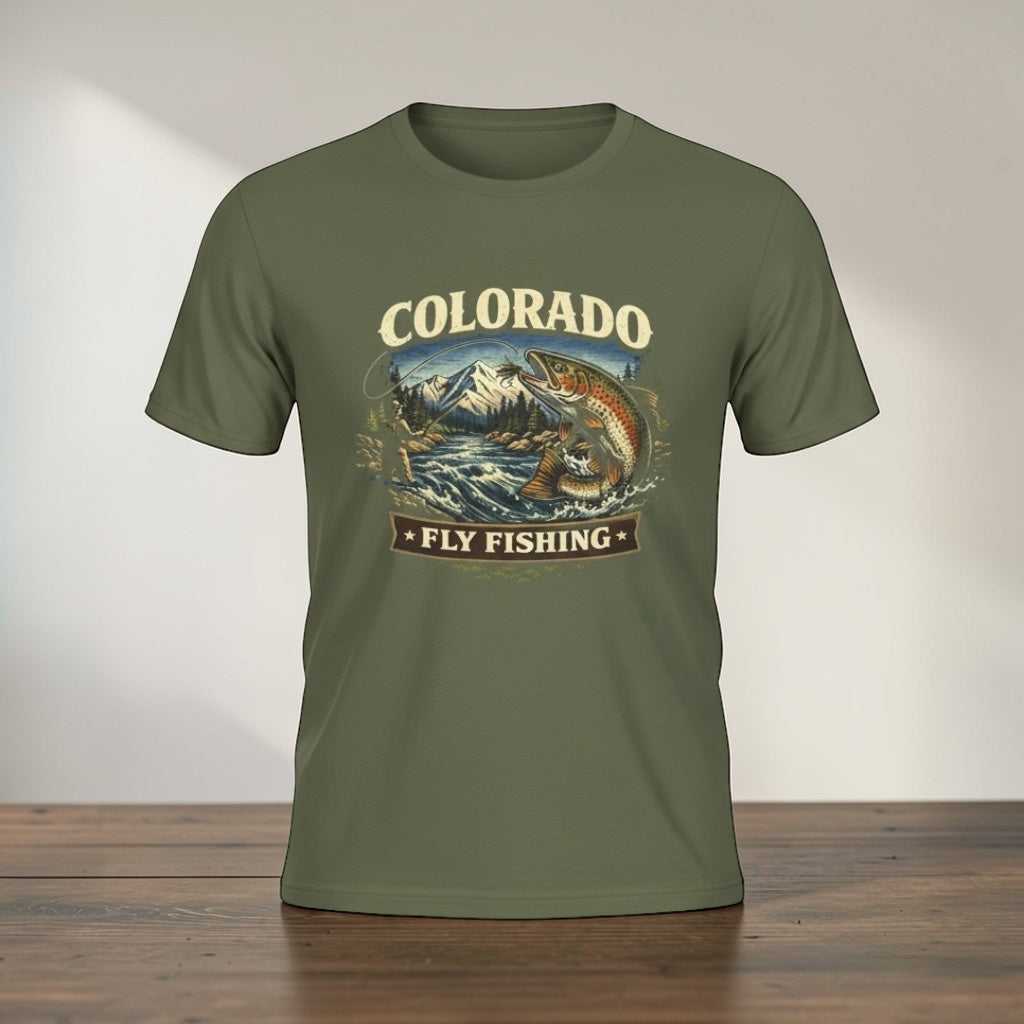 Vintage Colorado Fly Fishing T-Shirt by Big Sky Ranch Co. featuring mountain and trout designs on soft fabric.