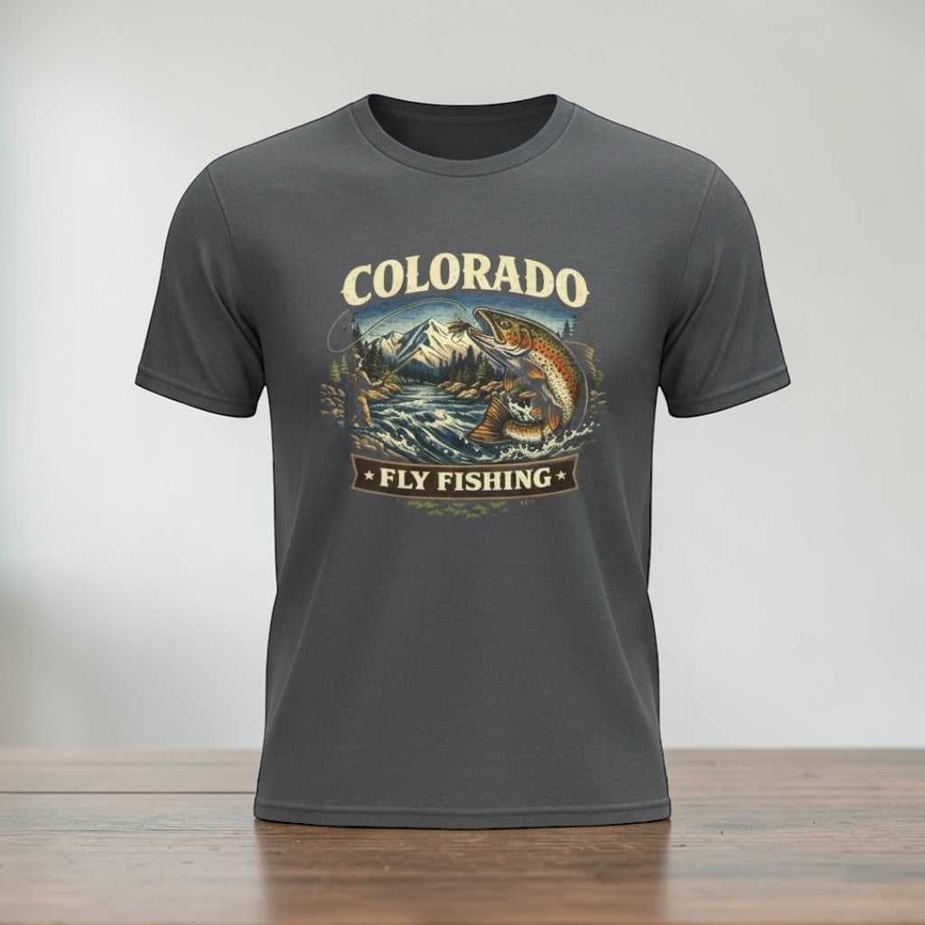 Vintage mountain trout fly fishing T-shirt by Big Sky Ranch Co., featuring a scenic outdoor design with a trout and mountain landscape.