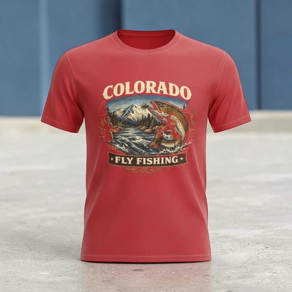Vintage Colorado Fly Fishing T-Shirt featuring mountain trout design by Big Sky Ranch Co., casual fishing apparel for outdoor enthusiasts.