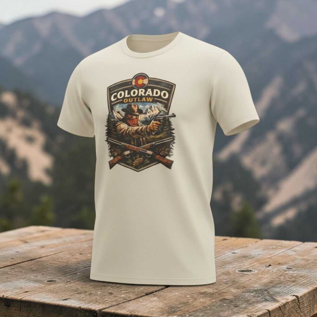 Vintage Colorado Outlaw T-Shirt by Big Sky Ranch Co. featuring Western gunslinger graphic on a casual cotton tee.