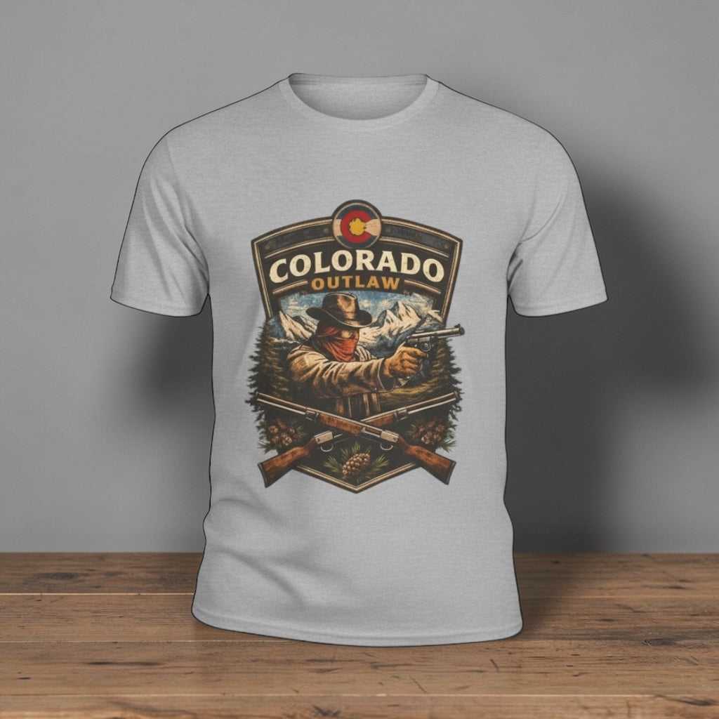 Vintage Western Gunslinger graphic T-shirt by Big Sky Ranch Co. featuring Colorado Outlaw design and cowboy illustration.