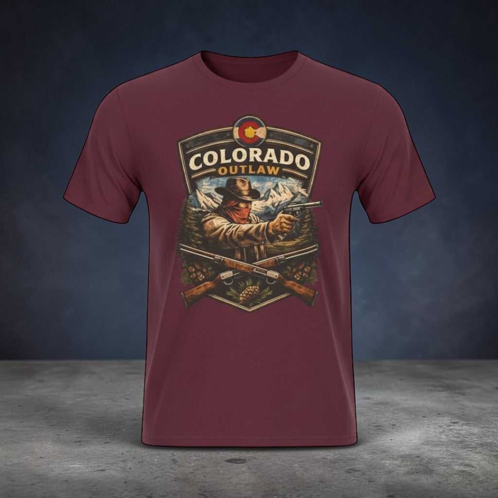 Vintage Colorado Outlaw T-Shirt by Big Sky Ranch Co. featuring western gunslinger graphic and rugged western style.